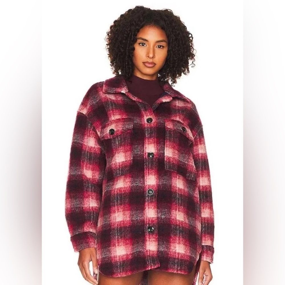 Sanctuary Town Jacket Shacket Red Blue Plaid Wool Blend XL